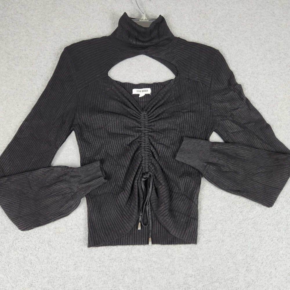 Steve Madden Hazel Top Womens Small Black Ribbed Knitted Cutout Tie Ruched Front